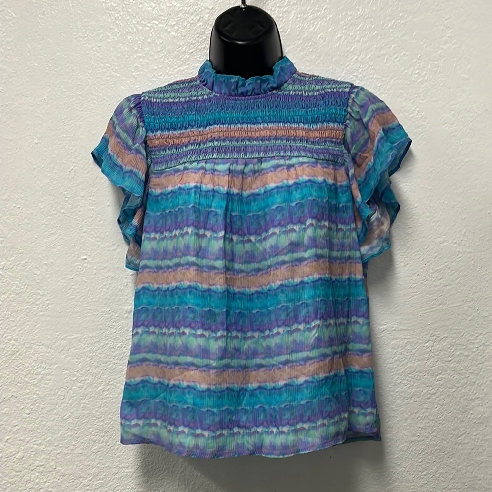 Marie Oliver Blue, Pink and Purple Ruffled Blouse size XS